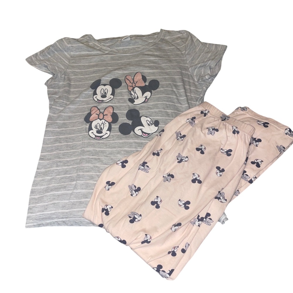 Disney Mickey Minnie Mouse Pajama Set Grey Striped Tee Pink Pants Womens Small